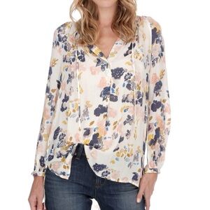Lucky Brand Womens Boho Watercolor Floral-Print Long Sleeve Sheer Peasant Blouse